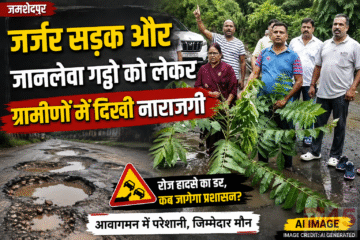 जमशेदपुर में जर्जर सड़क(Dilapidated roads) और जानलेवा गड्ढों को लेकर ग्रामीणों में दिखी नराजगी।